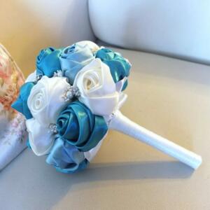 Ribbon Rose Bouquet Satin Rose Bouquet Ivory Teal Flower