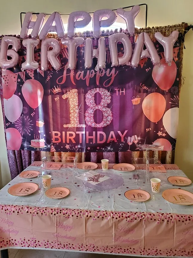 18th bday decor pink table setting and bday banner jpg