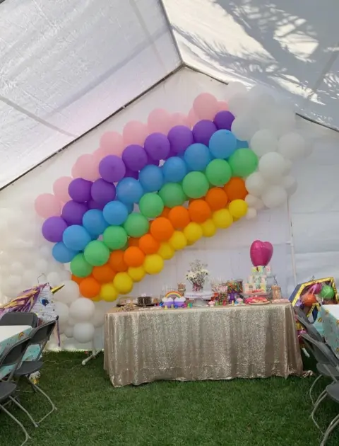 party balloons tent table setup