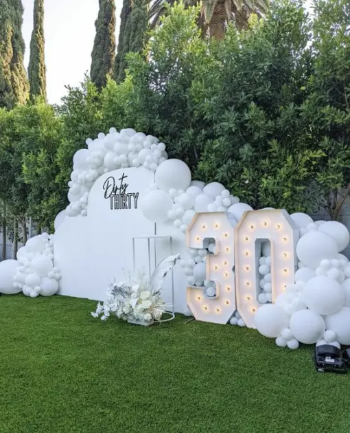 white 30th bday decor