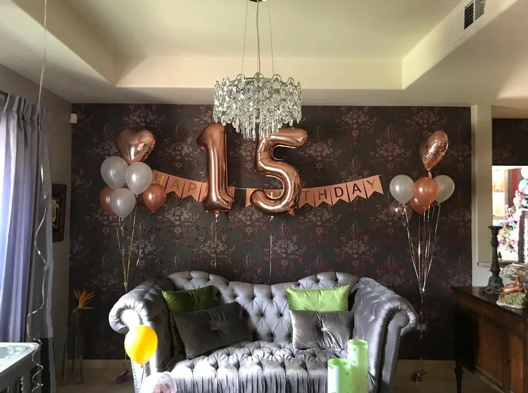 15th Bday Decor Rose Gold Ballons Sofa Setup