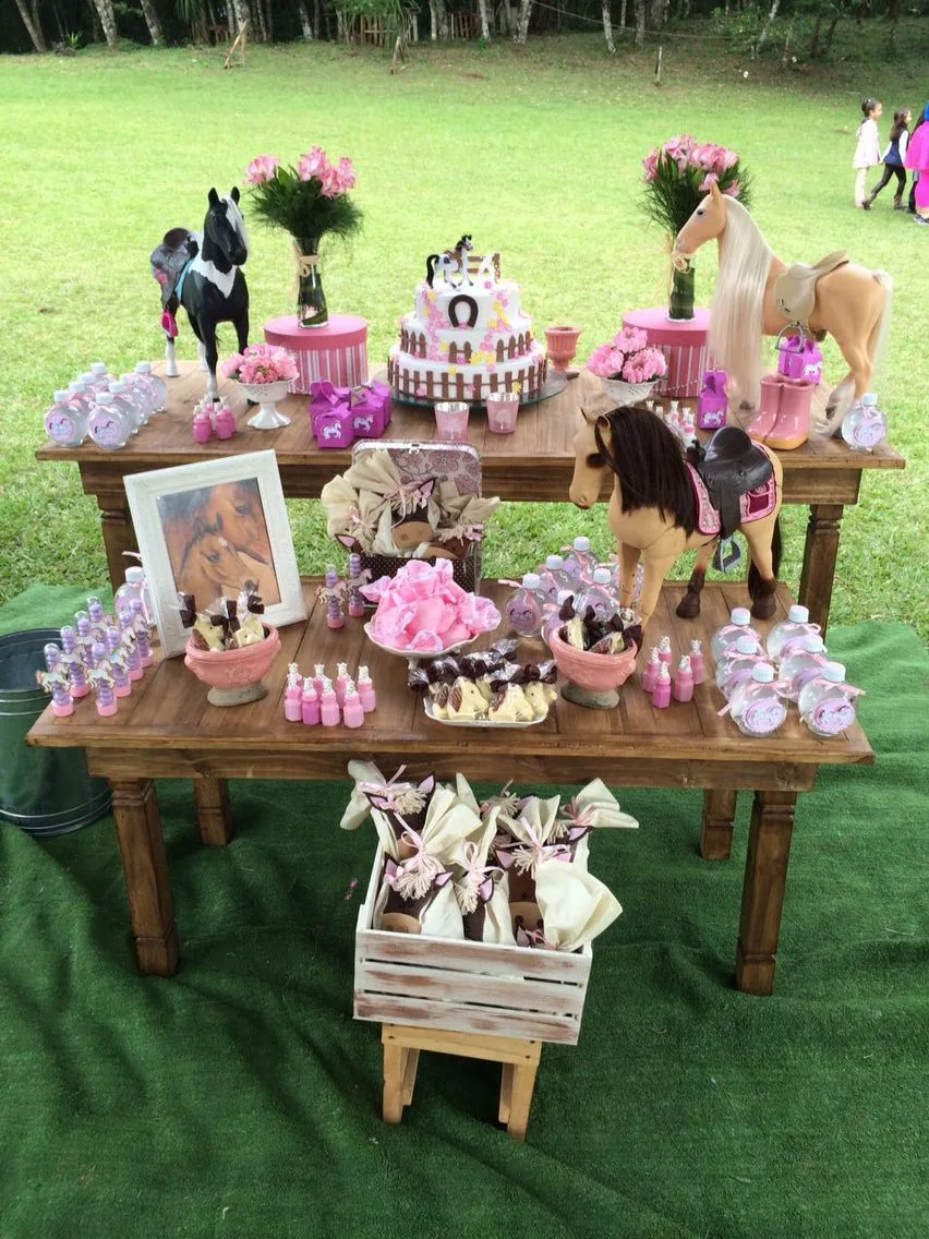 Horse Birthday Party Cake And Desserts Wood Table With Horse Figurines On Grass Space