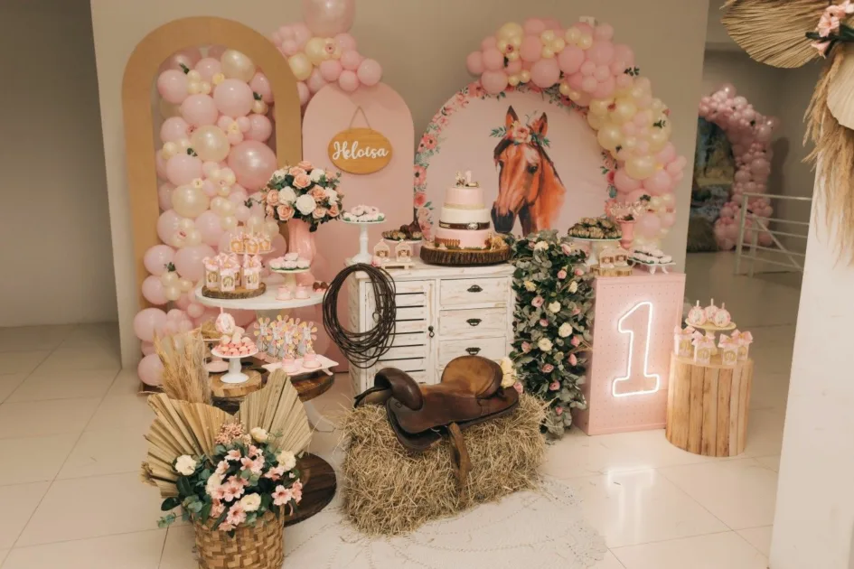 Horse Birthday Party Horse Saddle On Hay With Pink Backdrop