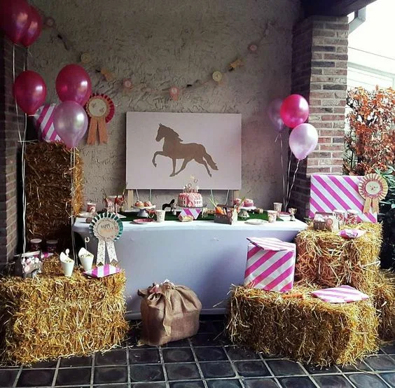 Horse Birthday Party Horse Silloutte On White Wood Frame And Hay Pedestals Gift Tables