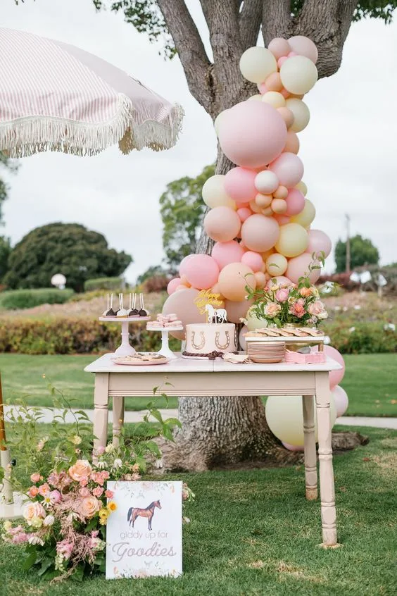 Horse Birthday Party Ideas Outdoor Balloon Arrangement On Tree Cake Table