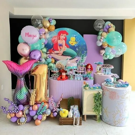 Little Mermaid Birthday Party Round Printed Backdrop And Balloons