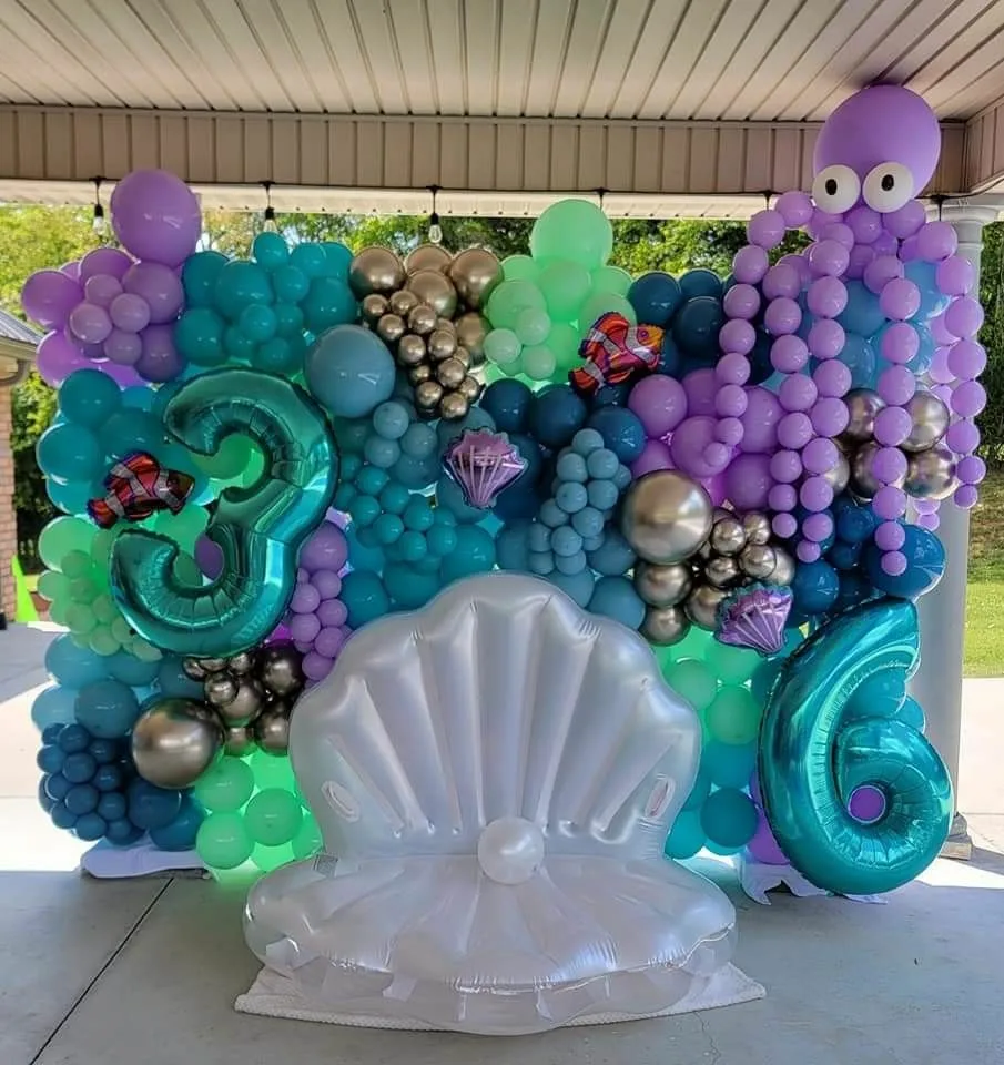 Little Mermaid Birthday Party Sea Life Ballon Backdrop And Oyster Inflatable Chair