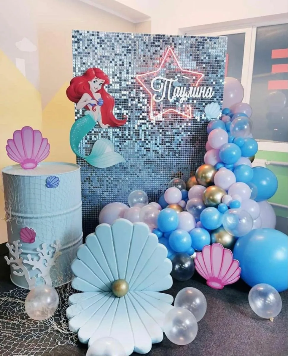 Little Mermaid Birthday Party Sequined Backdrop With Balloon Arrangment