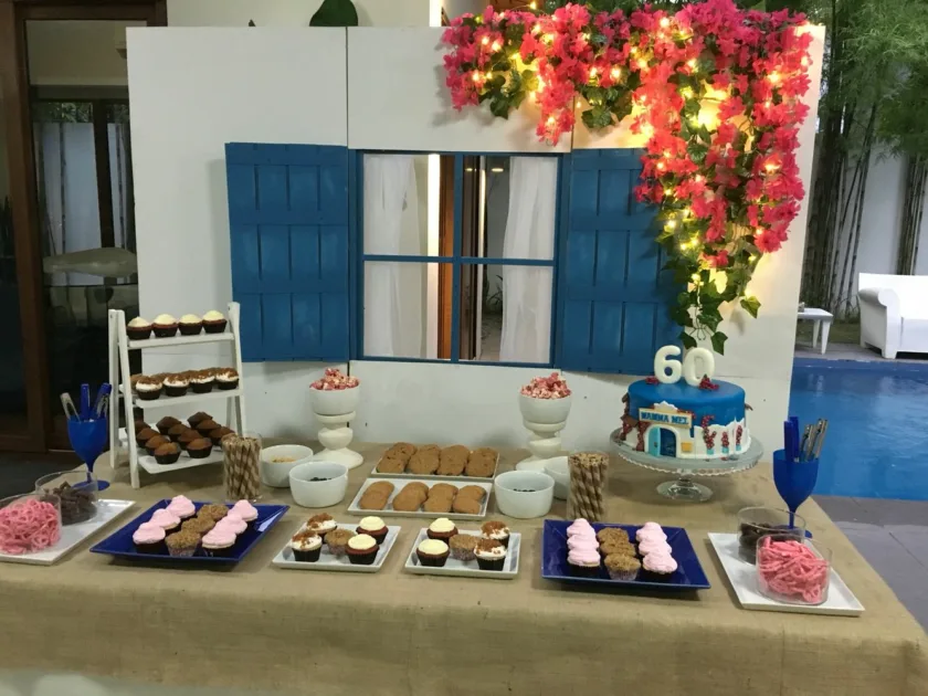 Mamma Mia Birthday Party Blue Wood Window And Jute Tablecloth With Sweets On Top