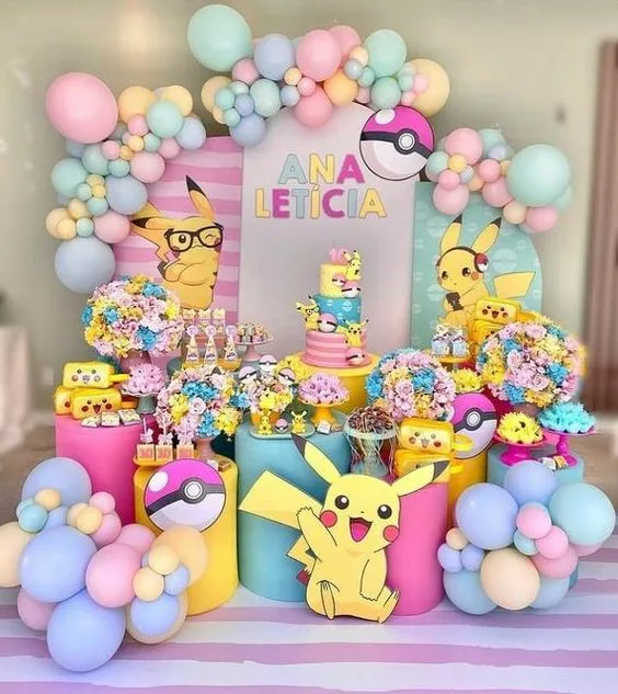 Pokemon Birthday Decorations Desserts And Cake On Cylinder Risers Cute Pokemon Theme