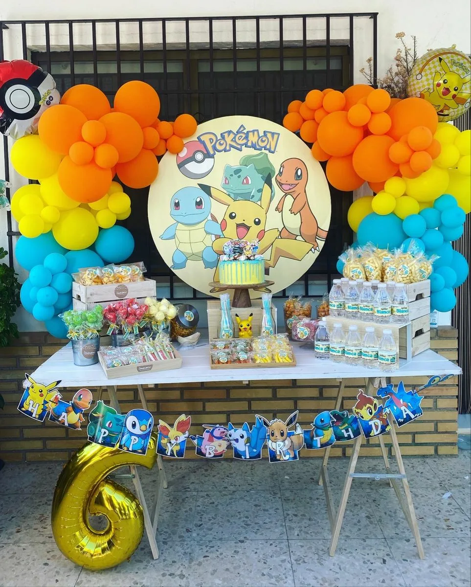 Pokemon Birthday Decorations Desserts And Cake Outdoor Table With Balloon Arches