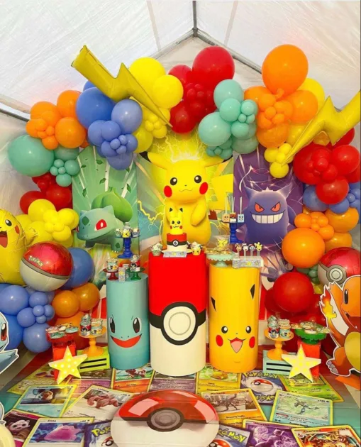 Pokemon Birthday Decorations Round Arches With Pokemon Spandex Covers And Pokemon Themed Cylinder Riser Covers