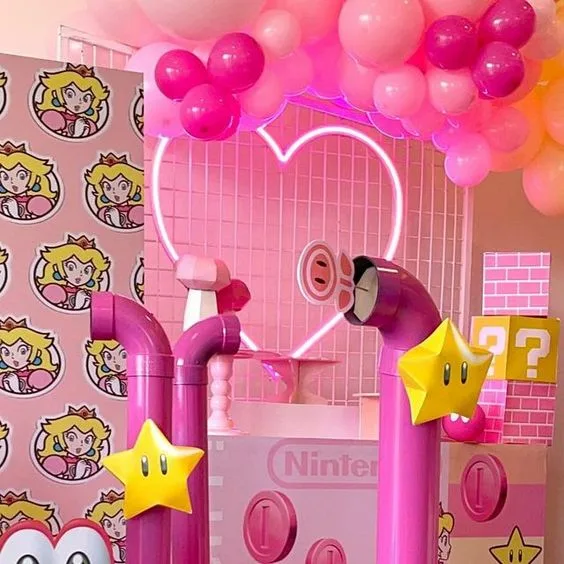 Princess Peach Birthday Photo Backdrop Pink Pipes And Led Heart Light