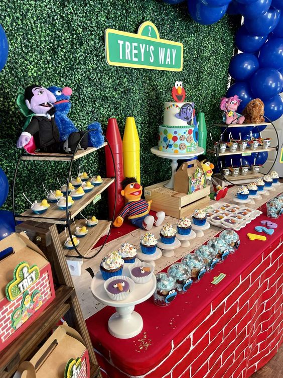 Sesame Street Birthday Party Brick Design Tablecloth And Sesame Street Plush Toys