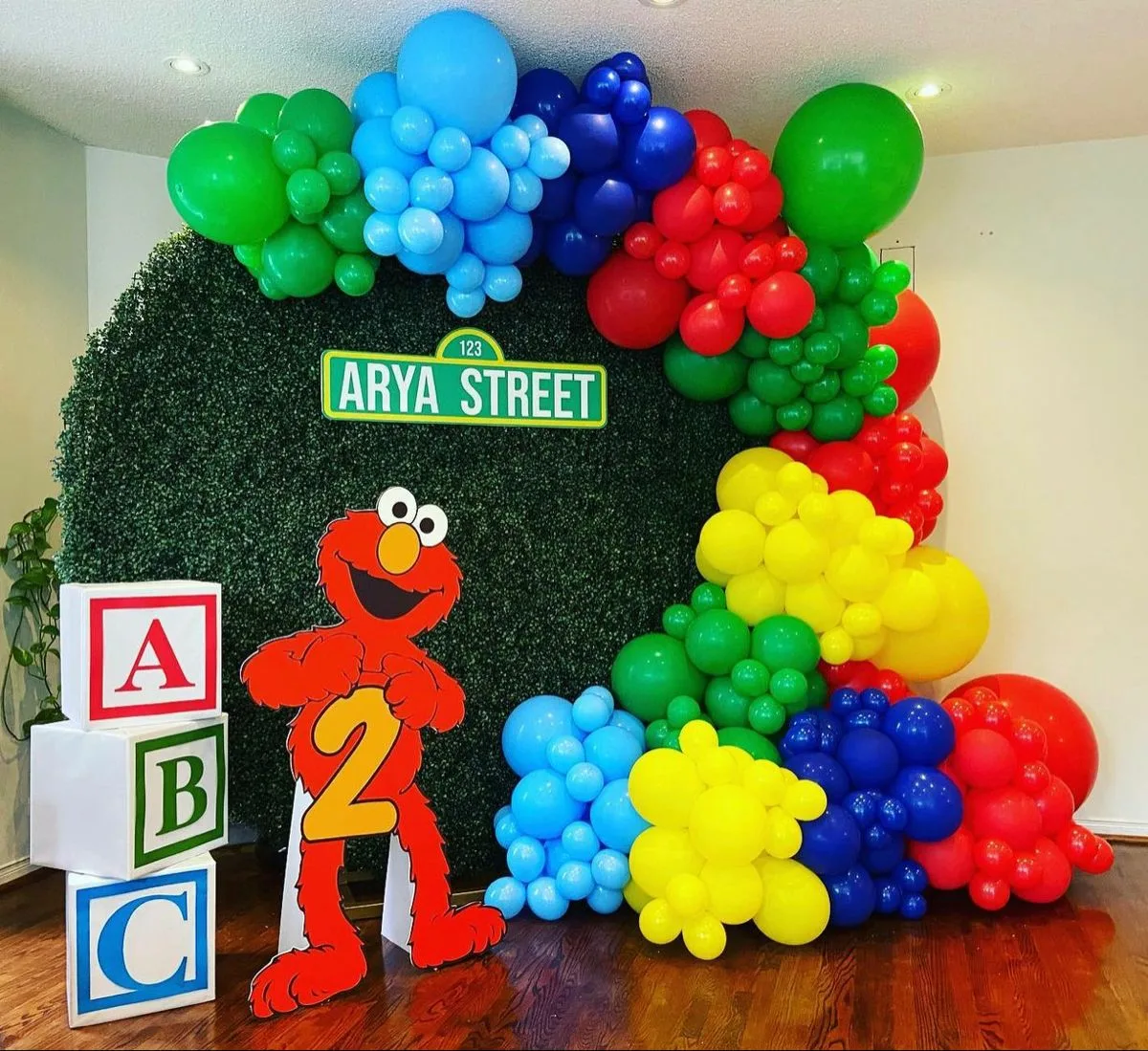 Sesame Street Birthday Party Round Faux Grass Arch And Elmo Cut Out Stand
