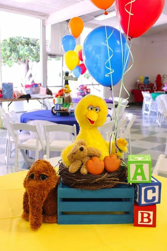 Sesame Street Birthday Party Table Setting With Big Bird Plush Toy Centerpiece