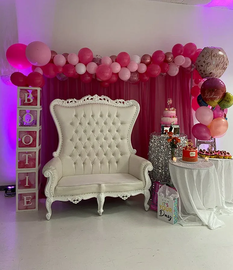 Barbie Birthday Party Celebrant Cusioned Seat With Curtain Backdrop And Balloon Arrangement