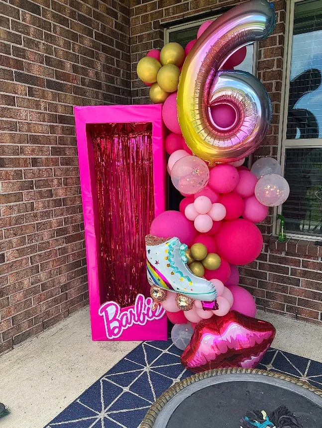 Barbie Birthday Party Doll Box Photo Backdrop And Balloon Arrangment