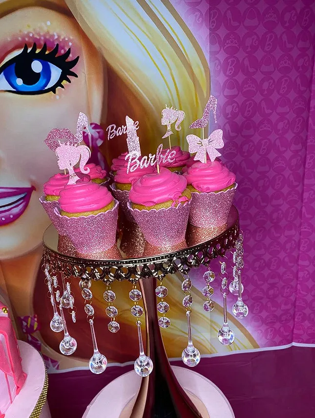 Barbie Birthday Party Glittered Cupcake Toppers With Poster Backdrop