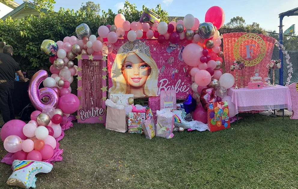 Barbie Birthday Party Outdoor Seting With Sequined Barbie Themed Banner