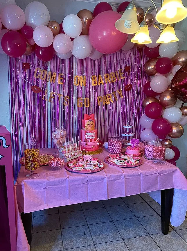 Barbie Birthday Party Pink Table Setting With Barbie Themed Cake
