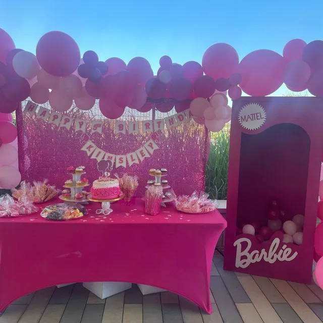 Barbie Party Ideas Doll Box With Glittered Backdrop Cakes And Desserts Table