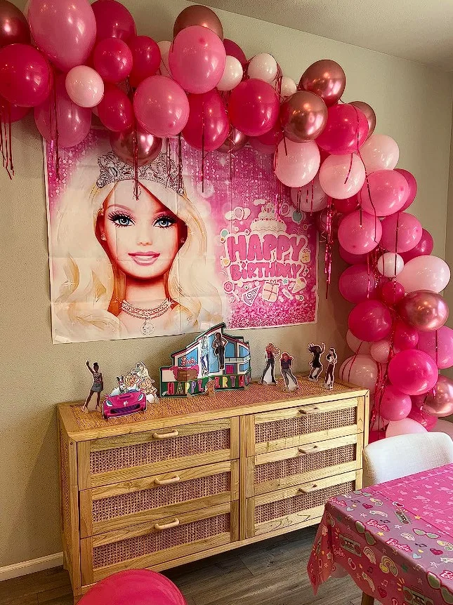 Barbie Party Ideas Themed Banner With Balloon Arrangement And Mini Card Board Cut Outs Decoration