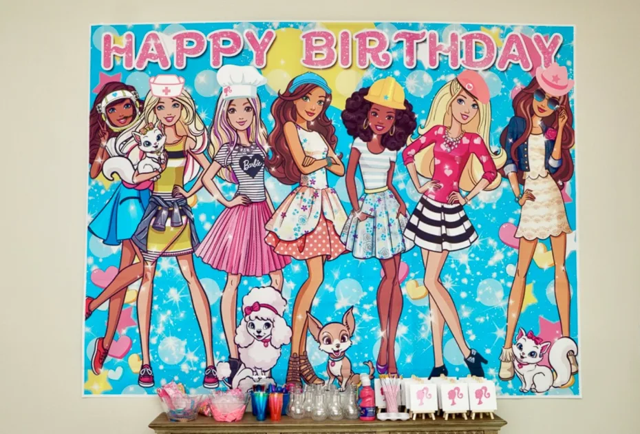 Barbie Party Ideas Themed Cups And Favor Gifts Table With Barbie Themed Poster