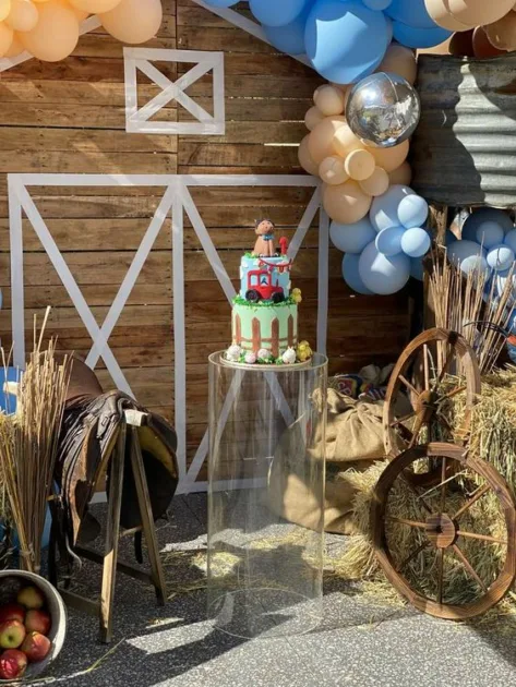First Rodeo Birthday Party Barn Style With Clear Glass Cake Pedestal