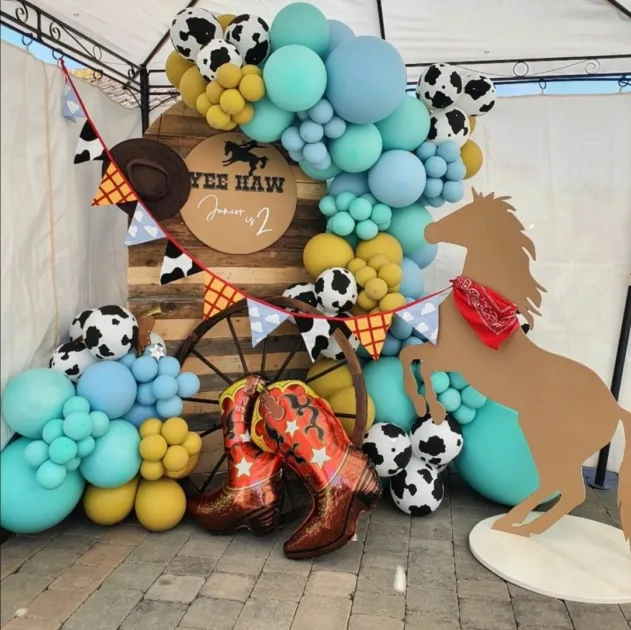 First Rodeo Birthday Party Horse Cut Out And Cowboy Boots Balloons