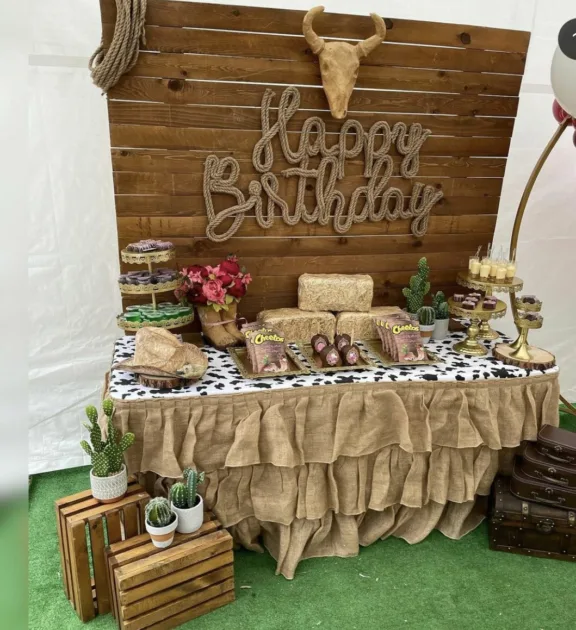 First Rodeo Birthday Party Wood Backdrop With Birthday Greeting Made Of Rope And Faux Cow Skull Acent
