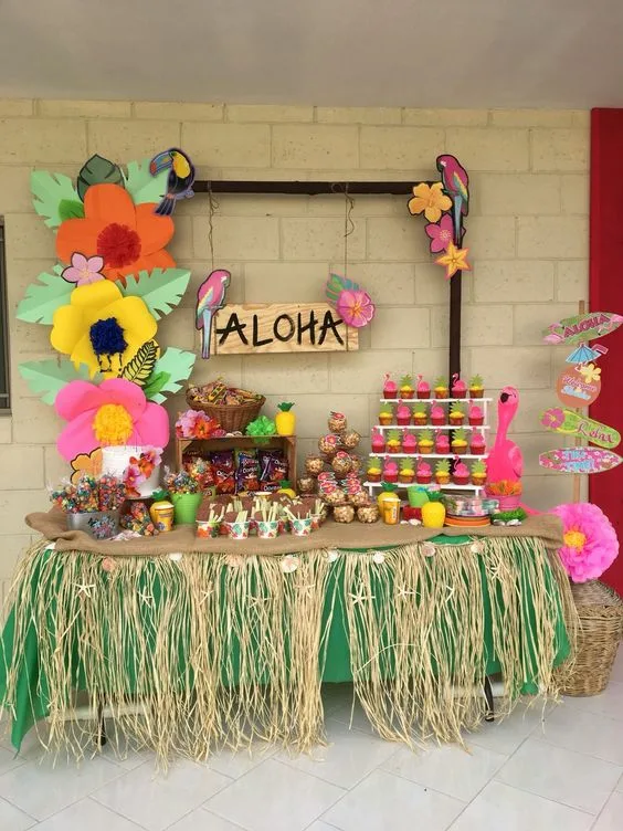 Hawaiian Birthday Party Ideas Runstic Table Setting Cake And Dessert Table