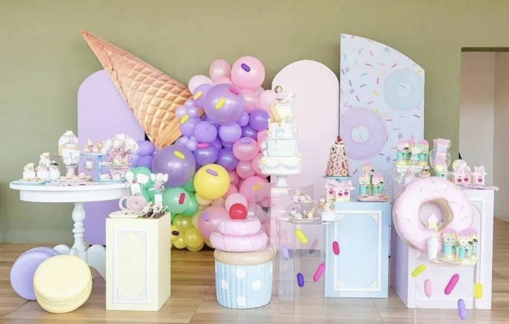 Ice Cream Birthday Decorations Balloon Arrangement With Cone On Top Cakes And Desserts On Clear Pedestals