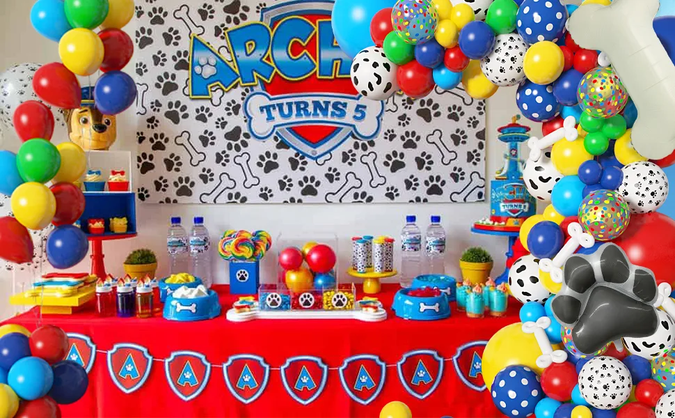 Paw Patrol Birthday Decorations Table Setting And Poster With Balloon Arch