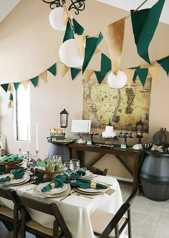 Zelda Birthday Decorations Medieval Look With Hunter Green And Gold Banners