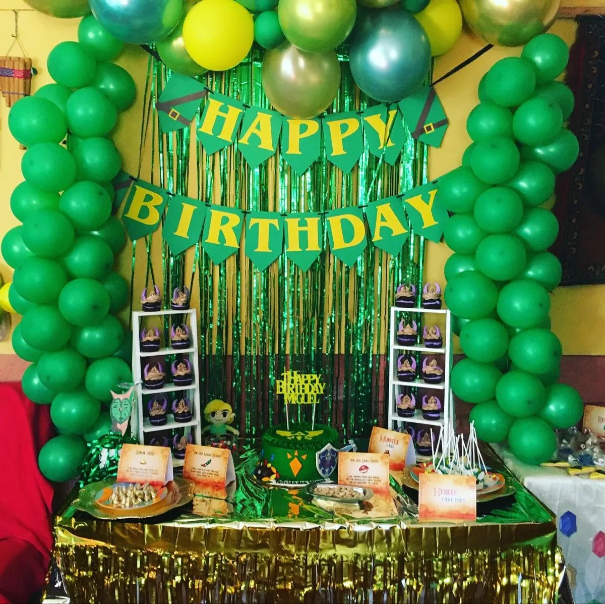 Zelda Birthday Decorations Metallic Table And Wall Fringe Curtain With Green Banners And Balloons