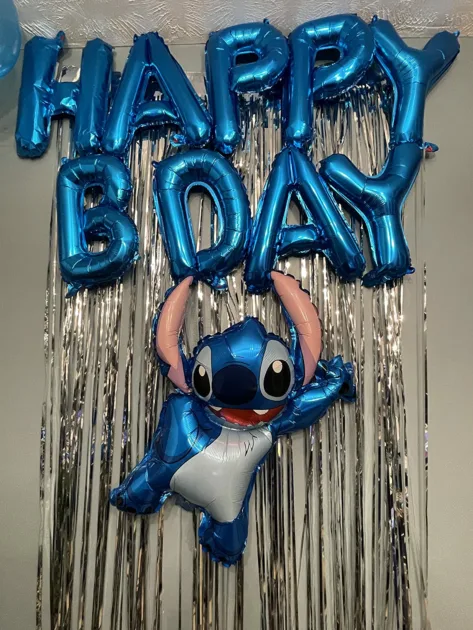 Blue Balloons Silver Foil Fringe Curtains Closeup Lilo Stitch Birthday Party