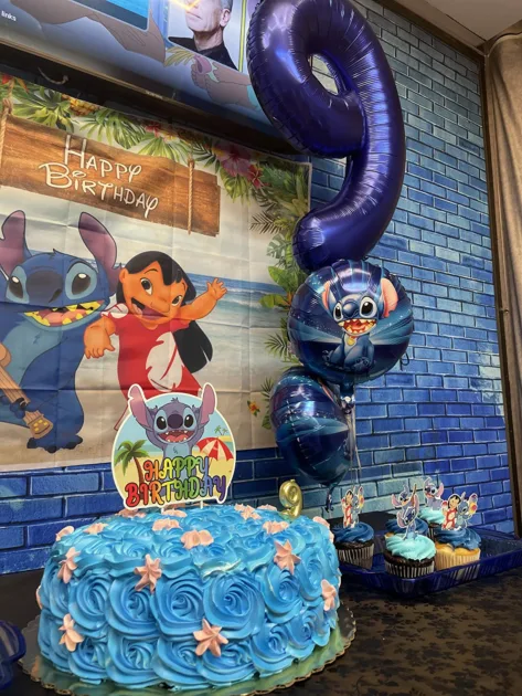Blue Caketopper Closeup Angle View Blue Brick Wallpaper 9 Balloon Lilo Stitch Birthday Party