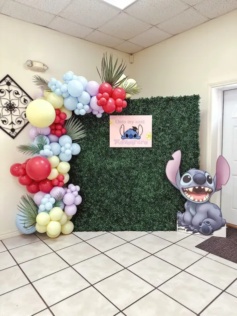 Blue Standing Stitch Leaf Backdrop Angle View Colorful Balloons Lilo Stitch Birthday Party