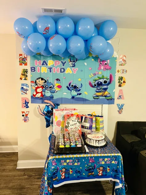 Blue Tablecover Blue Balloons Top Angle View Cake Cupcakes Lilo Stitch Birthday Party