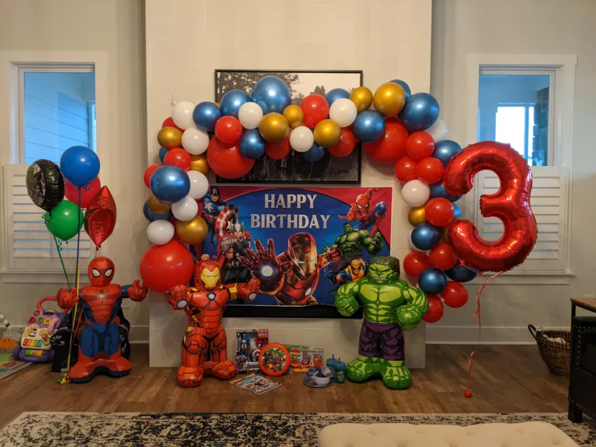 Colorful Banner 3 Red Balloon Arch Balloon Angle View Avengers Birthday Party