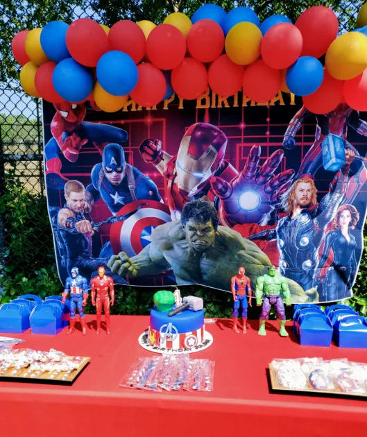 Colorful Banner Balloon Cake Action Figures Angle View Avengers Birthday Party