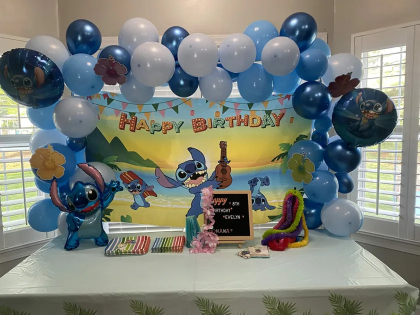 Colorful Banner Blue Stitch Balloon Metallic Balloons Angle View Evelyn Lilo Stitch Birthday Party