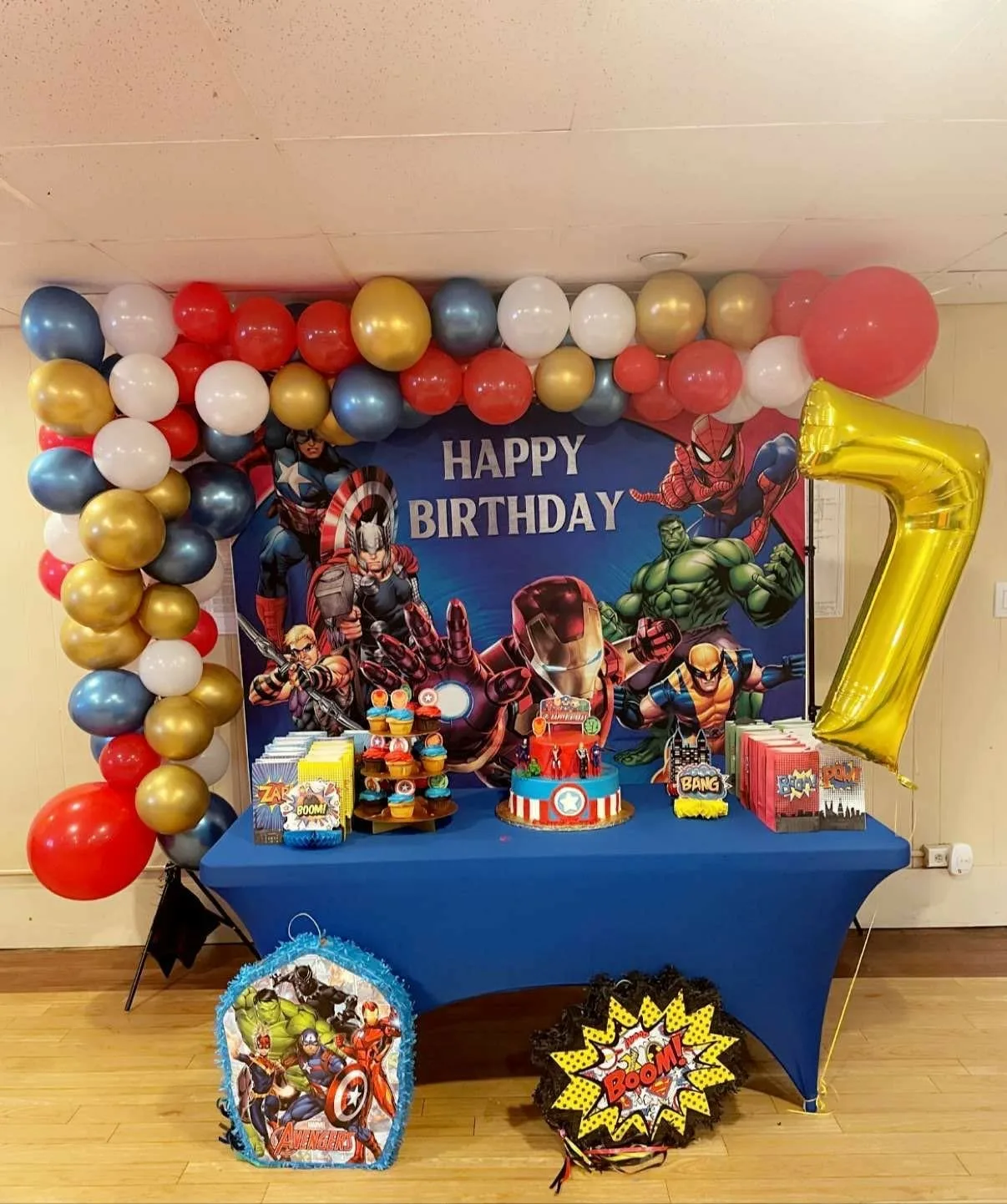 Colorful Banner Cupcakes Cake 7 Gold Balloon Blue Spandex Tablecover Avengers Birthday Party