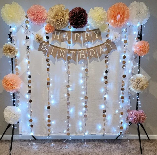 Modern Birthdays Backdrop Banner With Led Lights Curtain