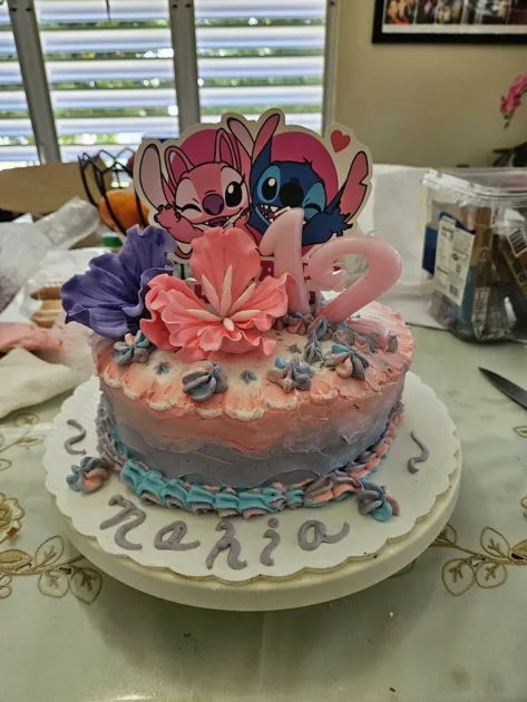 Pink Caketopper Pink 12 Candle Nahia Cake Closeup Top Angle View Lilo Stitch Birthday Party