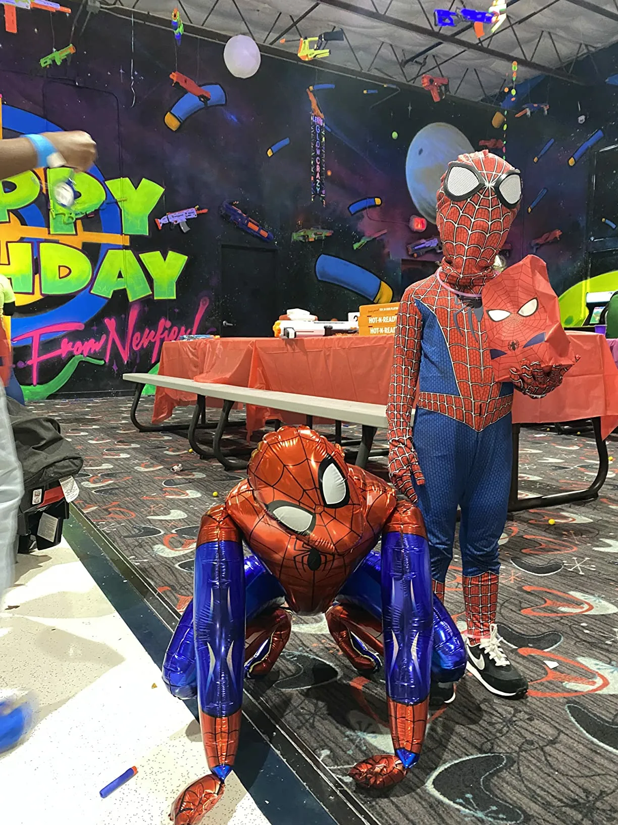 Red Balloon Spiderman Kid In Spiderman Costume Bottom Angle View Avengers Birthday Party