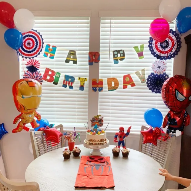 Red Yellow Ironman Spiderman 4 Blue Candle Cake Window Blinds Bright Avengers Birthday Party