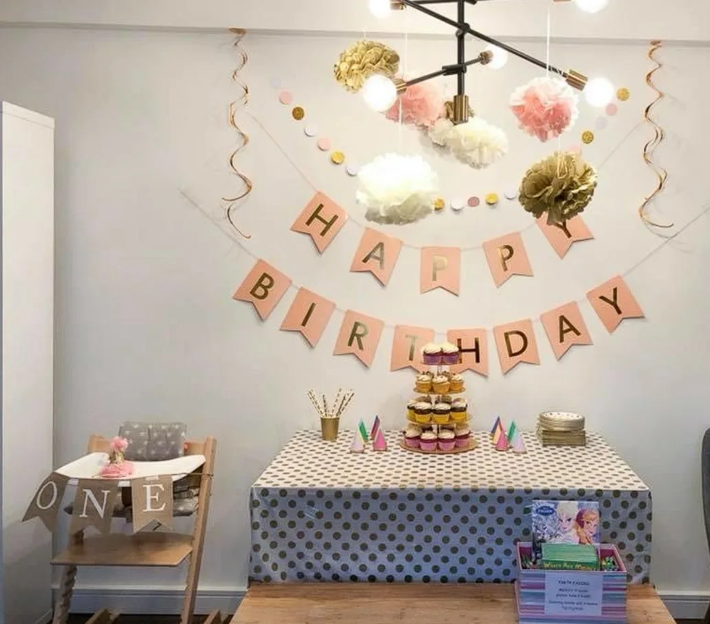 Modern Birthdays Desserts Table With Wall Banner Decorations