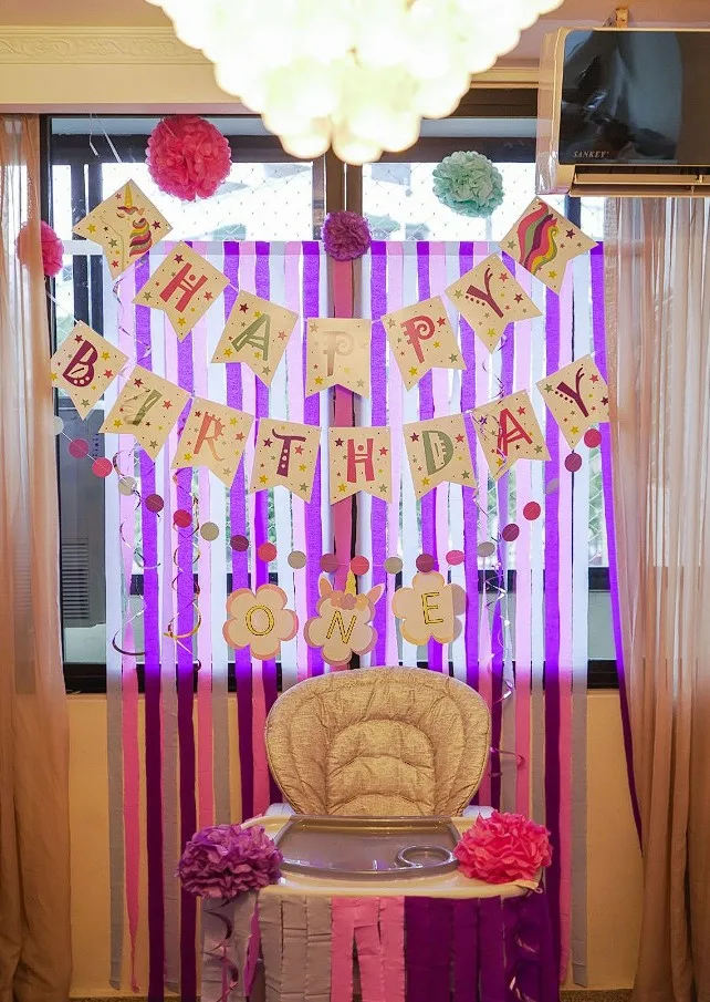 Modern Birthdays Hanging Banners And Baby Chair Birthday Party